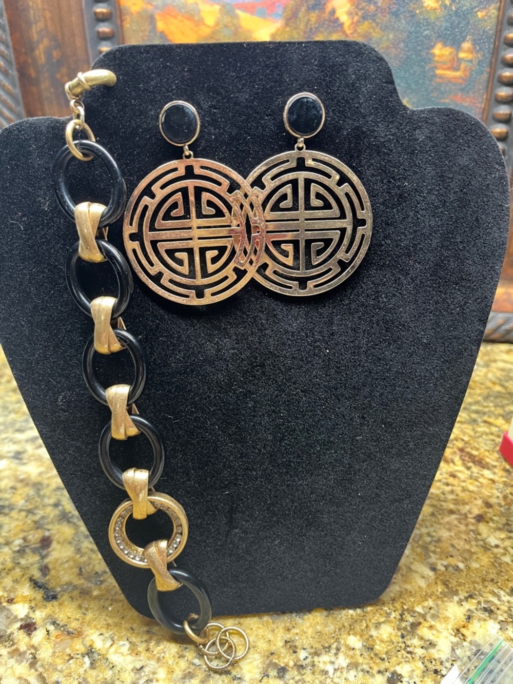 Gold and Black Statement Earrings and Bracelet Set